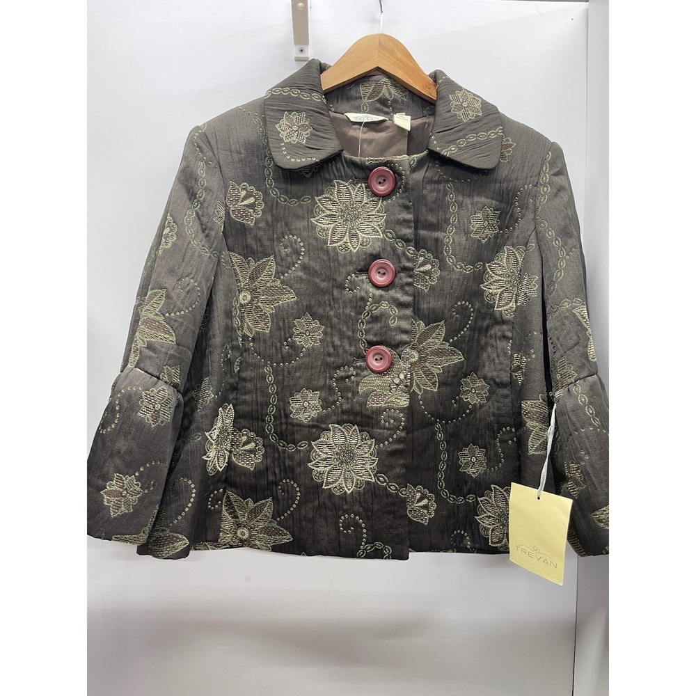 Trevan Floral Brocade Embroidered Button Front Flyaway Jacket 14 Bell Sleeve NWT